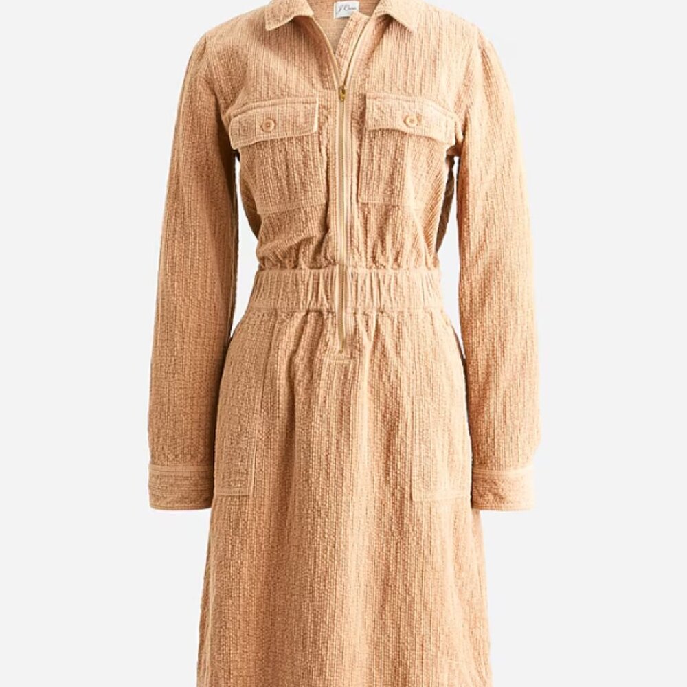 J. Crew Corduroy Zip-Front Cinched Waist Mocha Mousse Dress Long Sleeve Sz 6